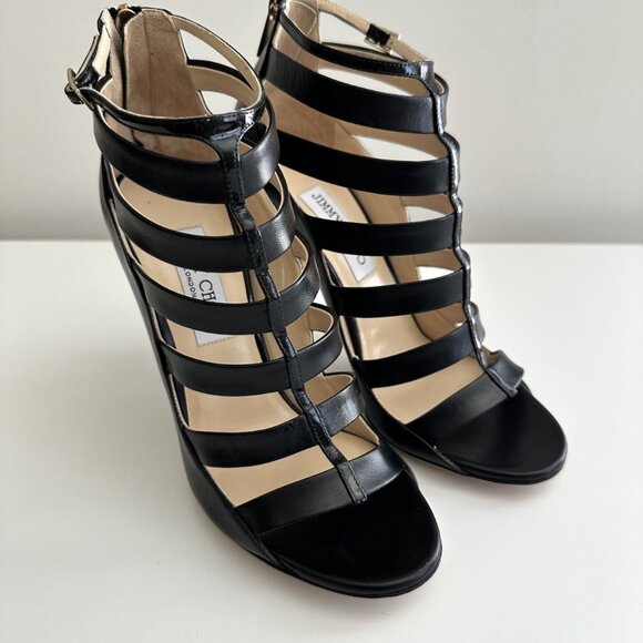NEW JIMMY CHOO Black Leather Caged Ankle Strap Sandals Size 38.5 - Picture 4 of 14